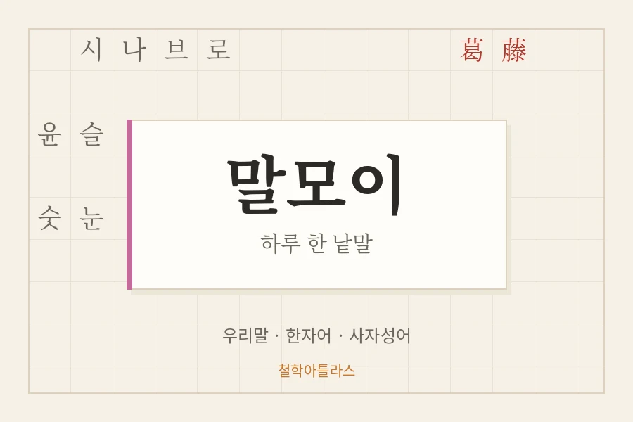 원고지 칸 위에 시나브로, 윤슬, 숫눈, 갈등(葛藤), 찰나(刹那), 겨를 같은 낱말이 놓인 말모이 표지